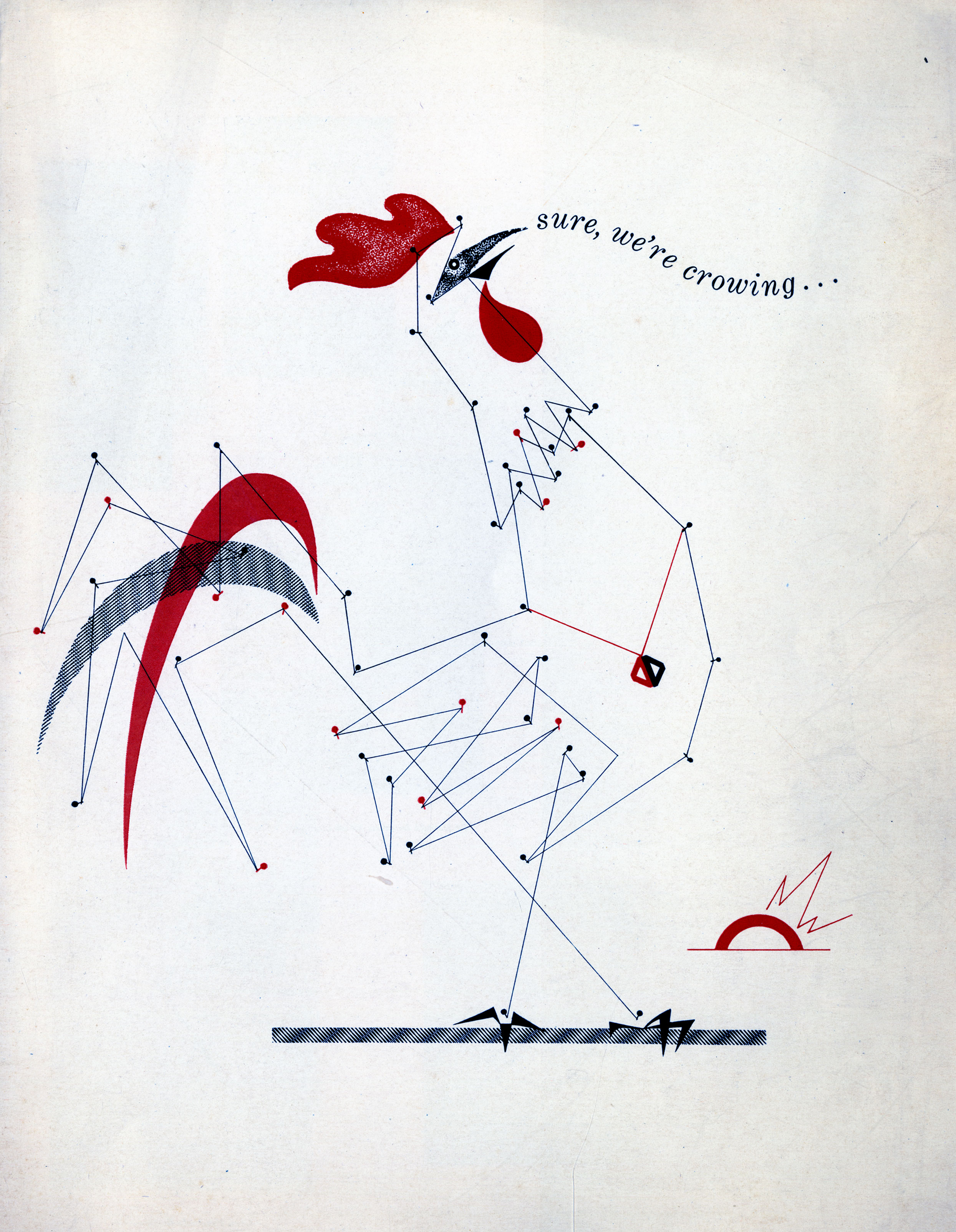 crowing rooster made of lines and dots